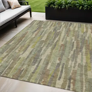 5' X 8' Artichoke Green And Ivory Striped Washable Indoor Outdoor Area Rug