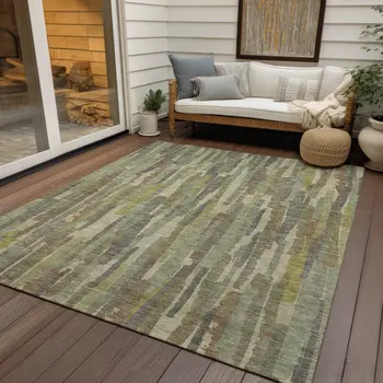 5' X 8' Artichoke Green And Ivory Striped Washable Indoor Outdoor Area Rug