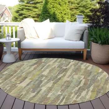8' Artichoke Green And Ivory Round Striped Washable Indoor Outdoor Area Rug