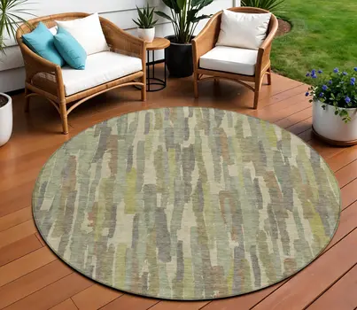 8' Artichoke Green And Ivory Round Striped Washable Indoor Outdoor Area Rug