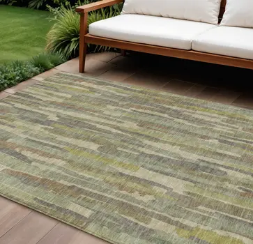 10' X 14' Artichoke Green And Ivory Striped Washable Indoor Outdoor Area Rug