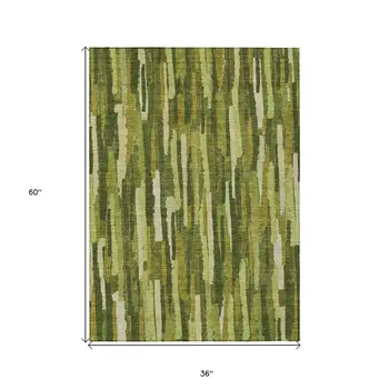 3' X 5' Green And Olive Green Striped Washable Indoor Outdoor Area Rug