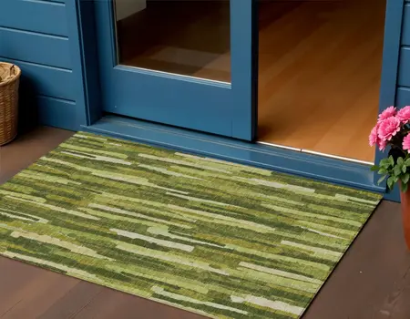 3' X 5' Green And Olive Green Striped Washable Indoor Outdoor Area Rug
