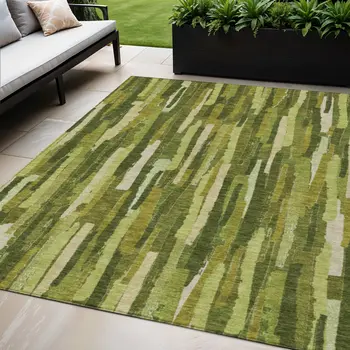 5' X 8' Green And Olive Green Striped Washable Indoor Outdoor Area Rug