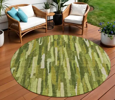 8' Green And Olive Green Round Striped Washable Indoor Outdoor Area Rug
