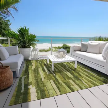 8' X 10' Green And Olive Green Striped Washable Indoor Outdoor Area Rug