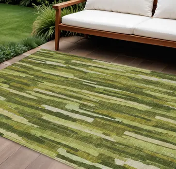 10' X 14' Green And Olive Green Striped Washable Indoor Outdoor Area Rug