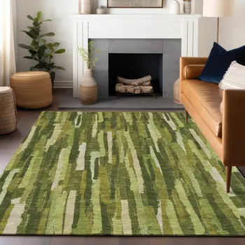 10' X 14' Green And Olive Green Striped Washable Indoor Outdoor Area Rug