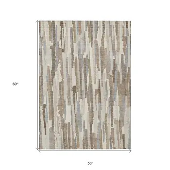 3' X 5' Ivory And Beige Striped Washable Indoor Outdoor Area Rug
