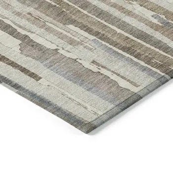 3' X 5' Ivory And Beige Striped Washable Indoor Outdoor Area Rug