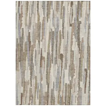 3' X 5' Ivory And Beige Striped Washable Indoor Outdoor Area Rug
