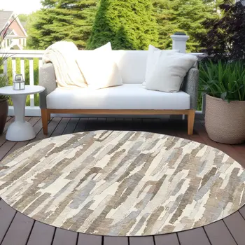 8' Ivory And Beige Round Striped Washable Indoor Outdoor Area Rug