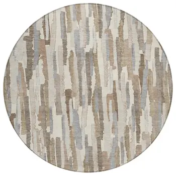 8' Ivory And Beige Round Striped Washable Indoor Outdoor Area Rug