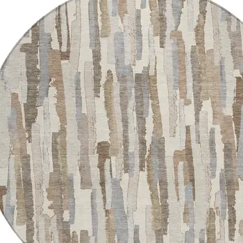 8' Ivory And Beige Round Striped Washable Indoor Outdoor Area Rug