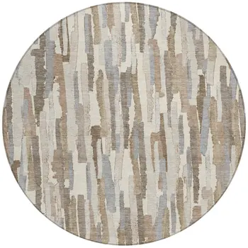 8' Ivory And Beige Round Striped Washable Indoor Outdoor Area Rug