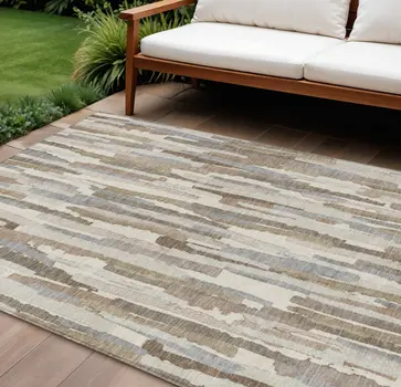 8' X 10' Ivory And Beige Striped Washable Indoor Outdoor Area Rug