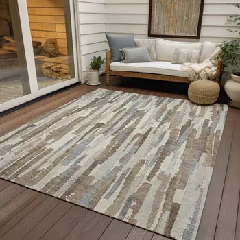 9' X 12' Ivory And Beige Striped Washable Indoor Outdoor Area Rug