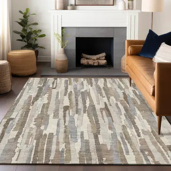 9' X 12' Ivory And Beige Striped Washable Indoor Outdoor Area Rug