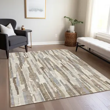 9' X 12' Ivory And Beige Striped Washable Indoor Outdoor Area Rug