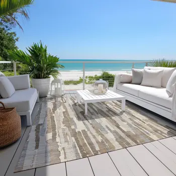 9' X 12' Ivory And Beige Striped Washable Indoor Outdoor Area Rug