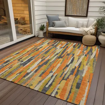 3' X 5' Orange And Beige Striped Washable Indoor Outdoor Area Rug