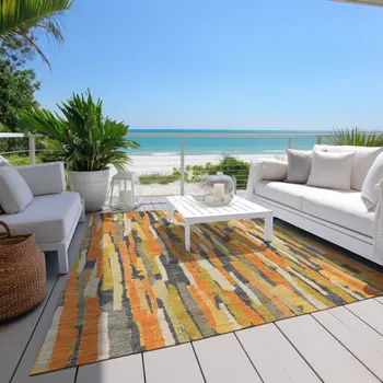 3' X 5' Orange And Beige Striped Washable Indoor Outdoor Area Rug