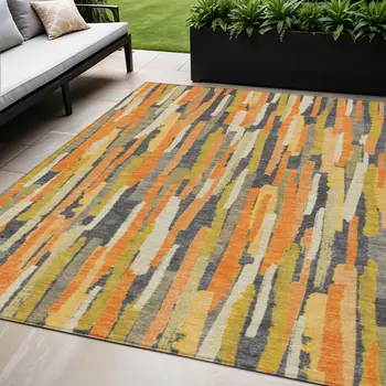5' X 8' Orange And Beige Striped Washable Indoor Outdoor Area Rug