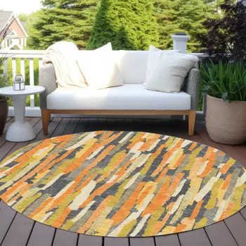 8' Orange And Beige Round Striped Washable Indoor Outdoor Area Rug