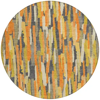 8' Orange And Beige Round Striped Washable Indoor Outdoor Area Rug