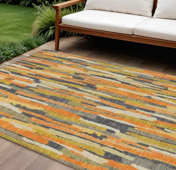 8' X 10' Orange And Beige Striped Washable Indoor Outdoor Area Rug