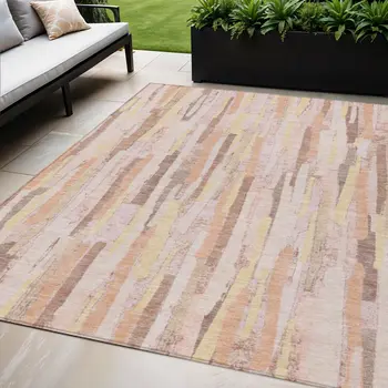 5' X 8' Pink And Beige Striped Washable Indoor Outdoor Area Rug