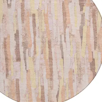 8' Pink And Beige Round Striped Washable Indoor Outdoor Area Rug