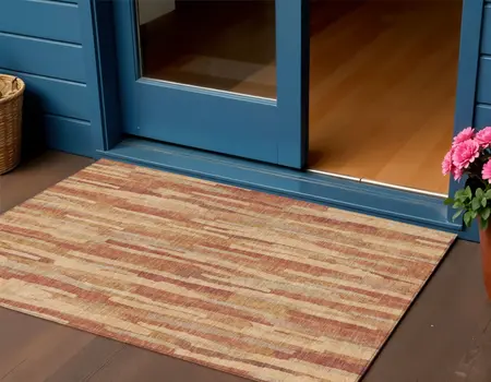 3' X 5' Salmon And Terra Cotta Striped Washable Indoor Outdoor Area Rug