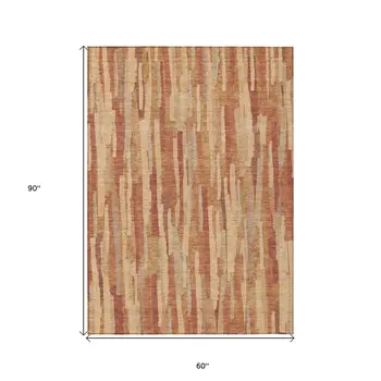 5' X 8' Salmon And Terra Cotta Striped Washable Indoor Outdoor Area Rug