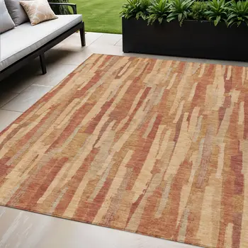 5' X 8' Salmon And Terra Cotta Striped Washable Indoor Outdoor Area Rug