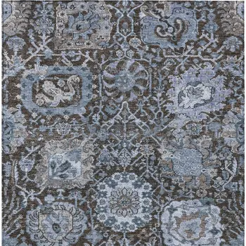 3' X 5' Denim Blue And Slate Blue Damask Washable Indoor Outdoor Area Rug