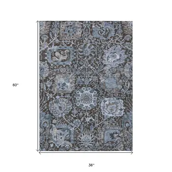3' X 5' Denim Blue And Slate Blue Damask Washable Indoor Outdoor Area Rug