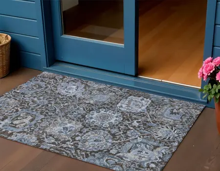 3' X 5' Denim Blue And Slate Blue Damask Washable Indoor Outdoor Area Rug
