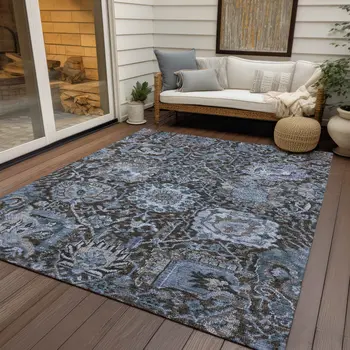 3' X 5' Denim Blue And Slate Blue Damask Washable Indoor Outdoor Area Rug