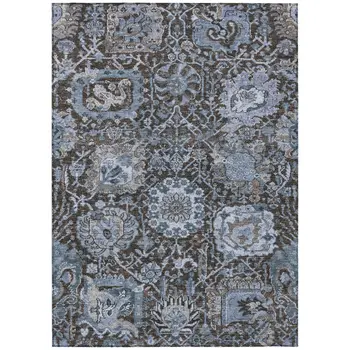 3' X 5' Denim Blue And Slate Blue Damask Washable Indoor Outdoor Area Rug