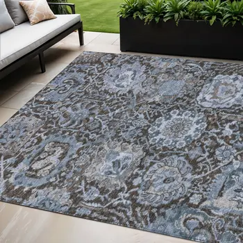 5' X 8' Denim Blue And Slate Blue Damask Washable Indoor Outdoor Area Rug