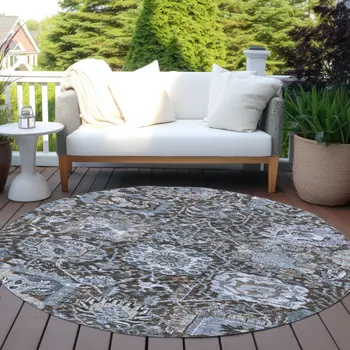 8' Denim Blue And Slate Blue Round Damask Washable Indoor Outdoor Area Rug