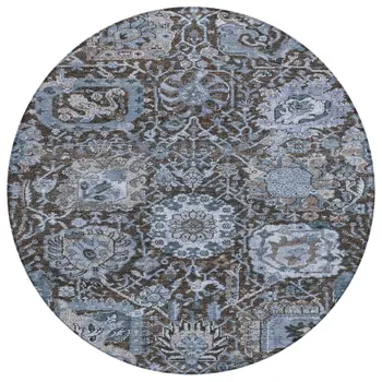 8' Denim Blue And Slate Blue Round Damask Washable Indoor Outdoor Area Rug
