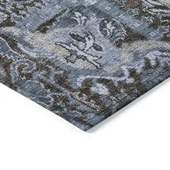 8' Denim Blue And Slate Blue Round Damask Washable Indoor Outdoor Area Rug