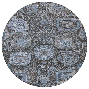 8' Denim Blue And Slate Blue Round Damask Washable Indoor Outdoor Area Rug