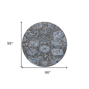 8' Denim Blue And Slate Blue Round Damask Washable Indoor Outdoor Area Rug
