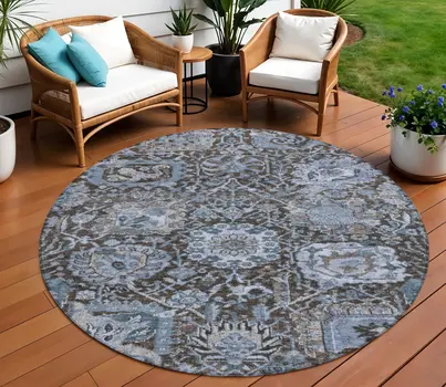 8' Denim Blue And Slate Blue Round Damask Washable Indoor Outdoor Area Rug