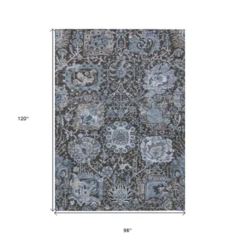 8' X 10' Denim Blue And Slate Blue Damask Washable Indoor Outdoor Area Rug