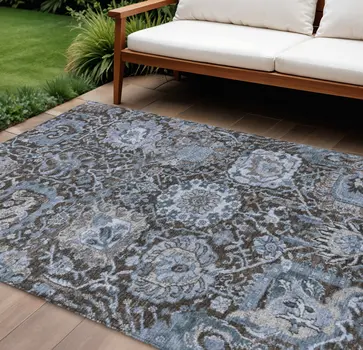 9' X 12' Denim Blue And Slate Blue Damask Washable Indoor Outdoor Area Rug