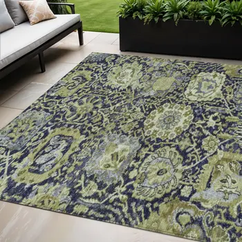 5' X 8' Fern Green And Blue Damask Washable Indoor Outdoor Area Rug